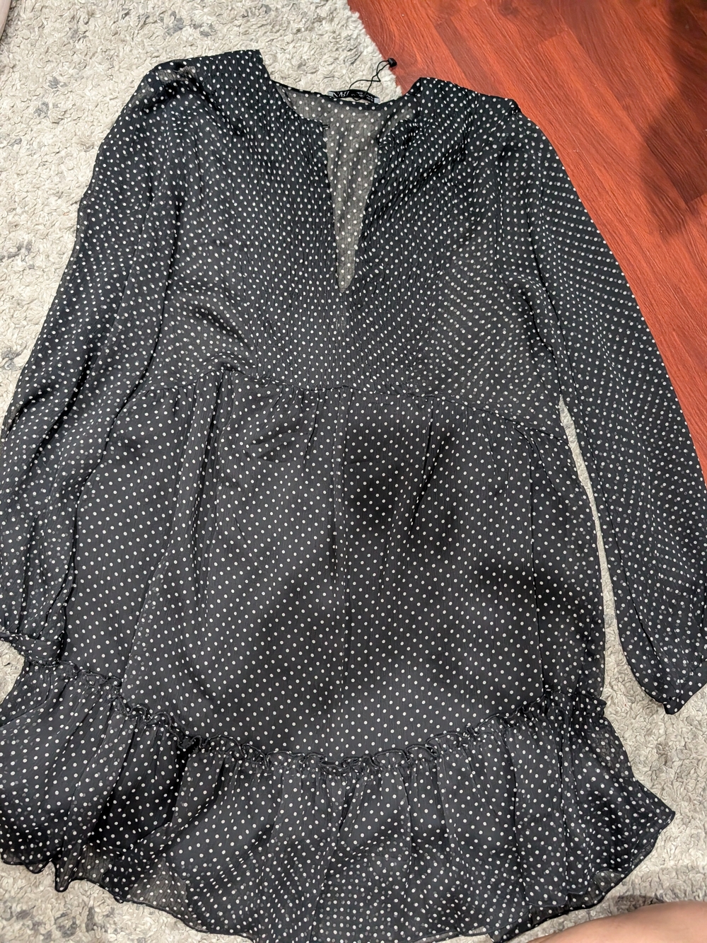 Zara Black Dress with White Polka Dots — Long Sleeve Ruffle Hem
